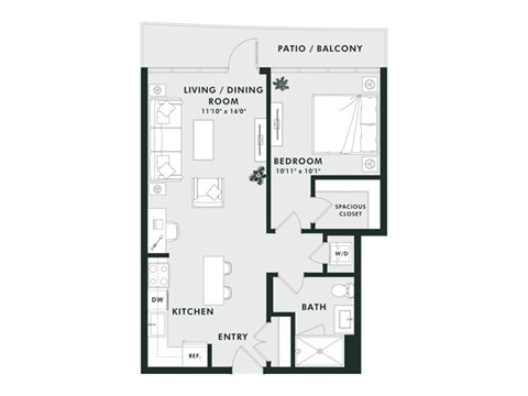 Floor plan for 1 bed, 1 bath, 686 sqft